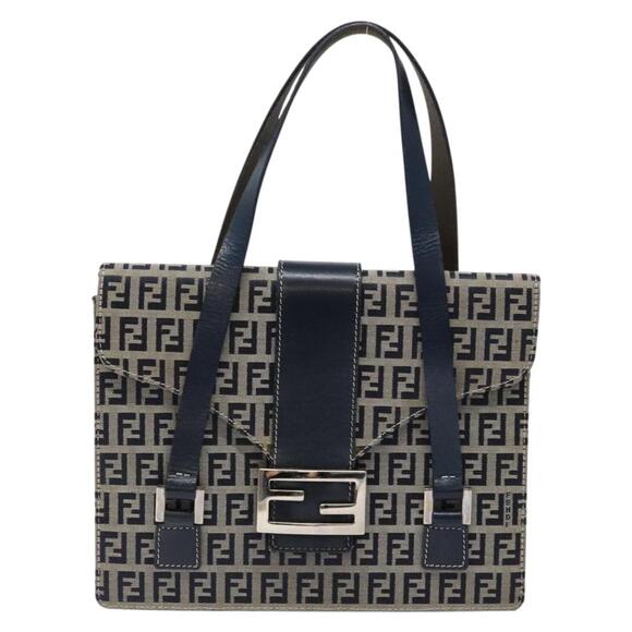 FENDI Zucchino Canvas Mamma Baguette Hand Bag Navy Silver - Picture 2 of 14
